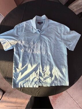 COVA Men’s L Blue Embroidered Fish Marlin Short Sleeve Button Up Fishing Shirt